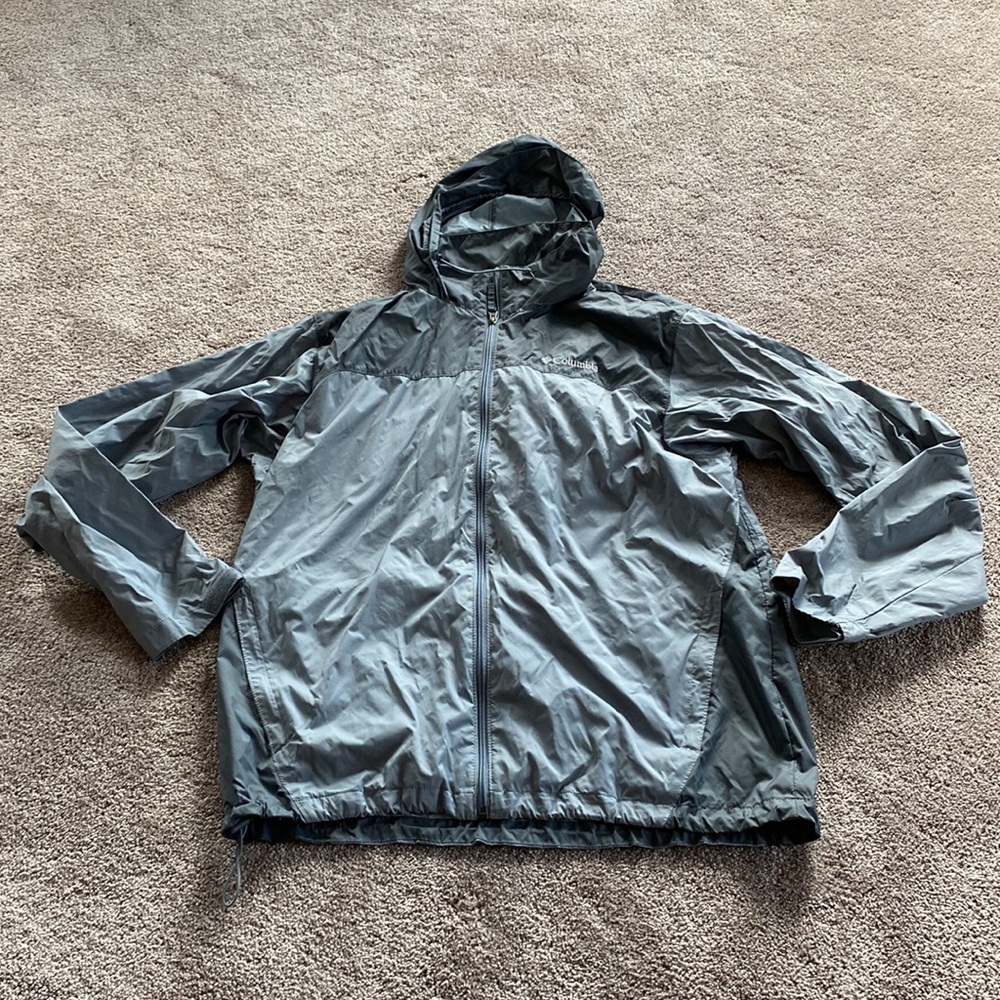 Columbia Gray Full Zip Windbreaker Jacket SIZE L Hooded Lightweight Rain Coat